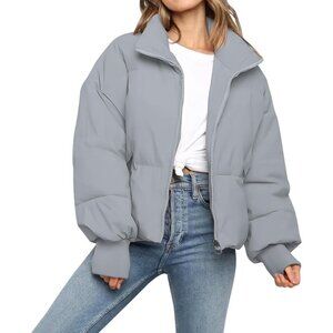 Women’s Light Gray Puffer Jacket Coat Long Sleeve Winter Baggy Zip Outerwear